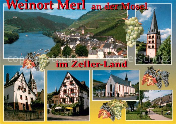 Merl Mosel Panorama Blick ueber die Mosel Kirche Glockenturm Fachwerkhaus Uferpr