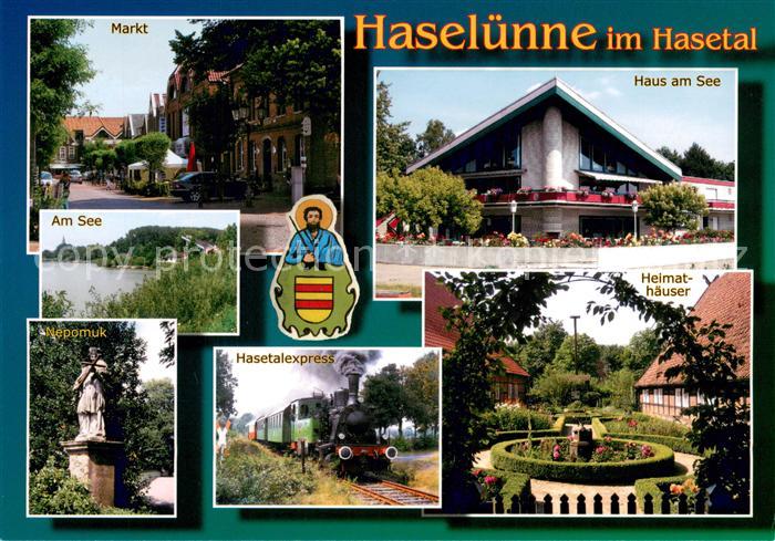 Haseluenne Marktplatz Partie am See Denkmal Nepomuk Hasetalexpress Dampflokomoti