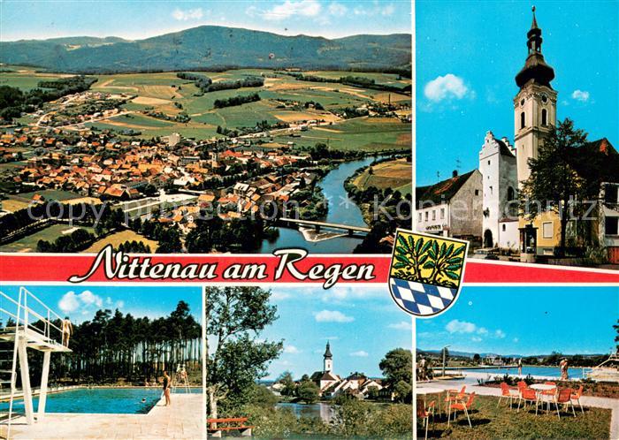 Nittenau Motiv mit Kirche Freibad Fliegeraufnahme