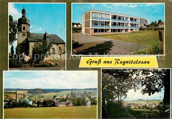 Regnitzlosau Kirche Schulhaus Ansicht vom Waldrand aus