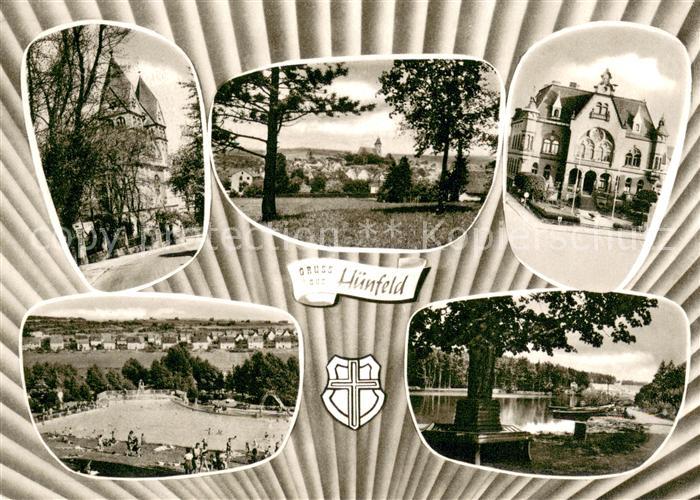 Huenfeld Kirche Panorama Rathaus Schwimmbad Weiher