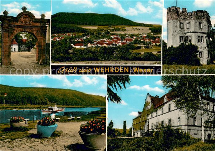 Wehrden Panorama Torbogen Schloss Partie an der Weser Fahrgastschiff
