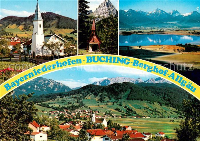 Buching Ortsmotiv mit Kirche Kapelle Gesamtansicht mit Alpenpanorama See