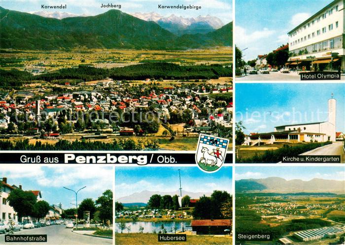 Penzberg Gesamtansicht mit Karwendelgebirge Hotel Olympia Kirche Kindergarten Ba