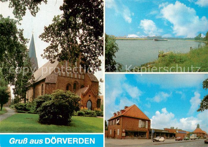 Doerverden Kirche Hauptstrasse Ladengeschaefte Uferpartie an der Weser