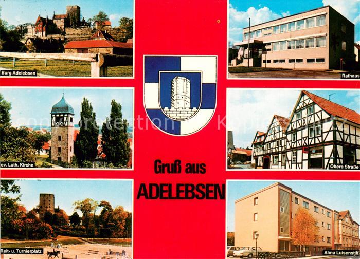 Adelebsen Blick zur Burg Rathaus Fachwerkhaeuser Kirche Reit- und Turnierplatz A