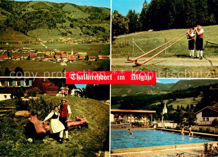 Thalkirchdorf Panorama Alphornblaeser Trachtenpaar Freibad