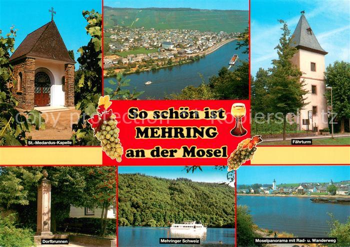 Mehring Mosel Panorama Blick ueber die Mosel Kapelle Faehrturm Dorfbrunnen Mehri
