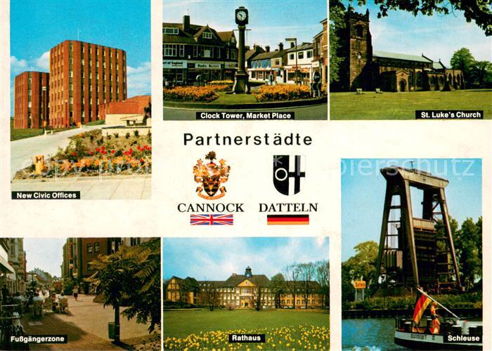 Datteln Fussgaengerzone Rathaus Schleuse Partnerstadt Cannock Civic Offices Cloc