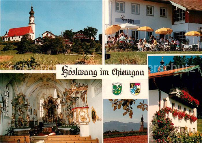 Hoeslwang Ortsmotiv mit Kirche Innenansicht Altar Restaurant Terrasse Blumenschm