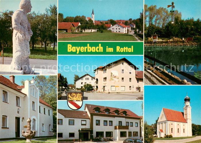 Bayerbach Rott Denkmal Statue Ortsmotiv mit Kirche Weiher