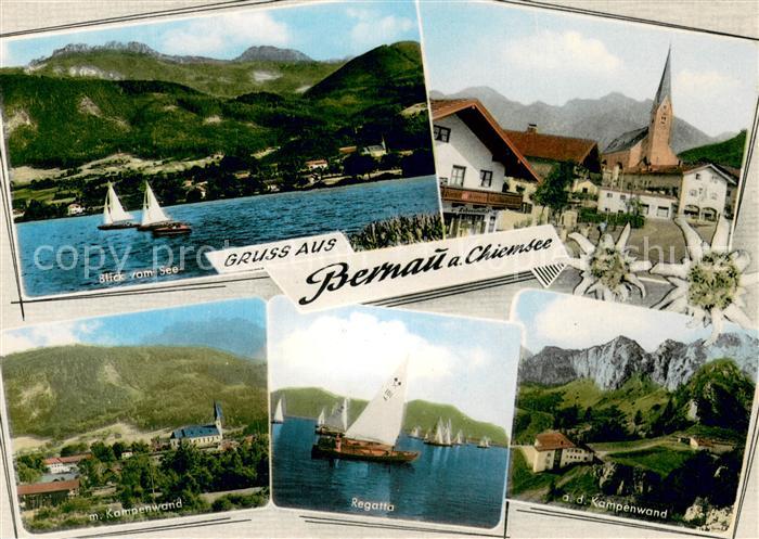 Bernau Chiemsee Blick vom See Regatta Segeln Alpenpanorama Motiv mit Kirche Kamp