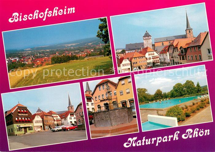 Bischofsheim Rhoen Panorama Naturpark Rhoen Ortsmotiv mit Kirche Brunnen Freibad
