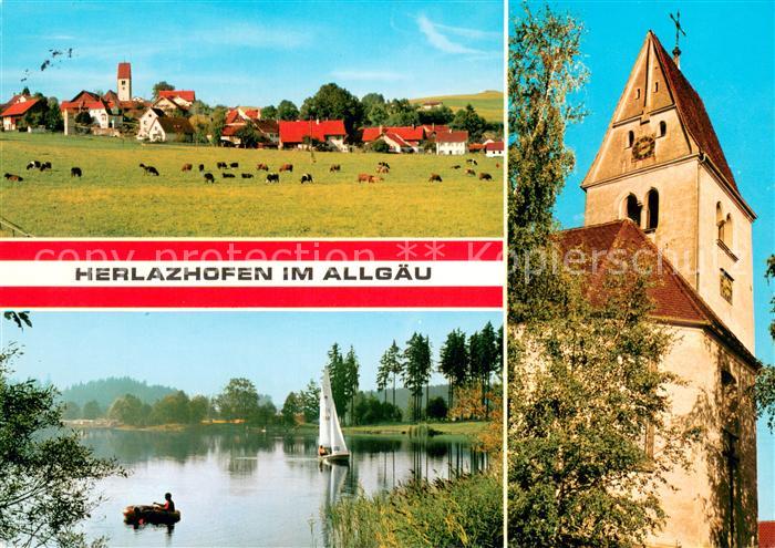 Herlazhofen Ortsansicht mit Kirche Uferpartie am See Segeln