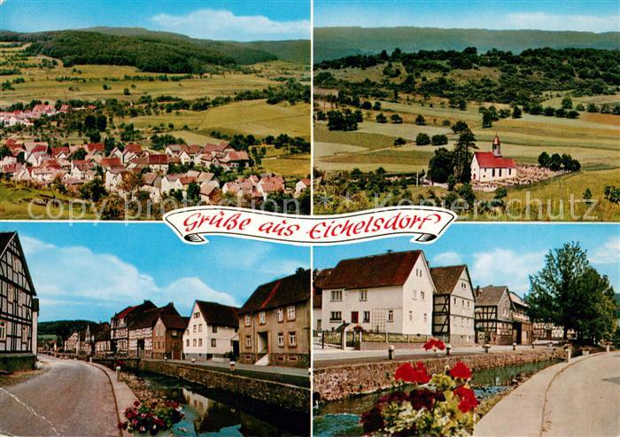 Eichelsdorf Hessen Panorama Erholungsort Haeuserpartien am Kanal