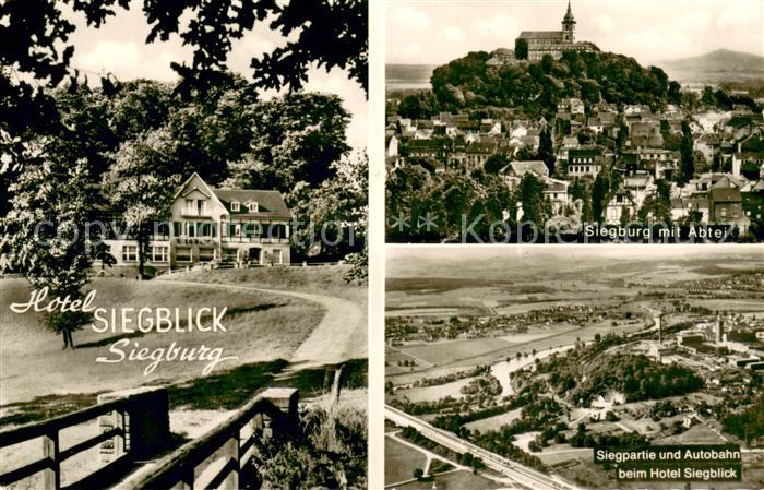 Siegburg Hotel Siegblick Stadt mit Abtei Fliegeraufnahme mit Autobahn