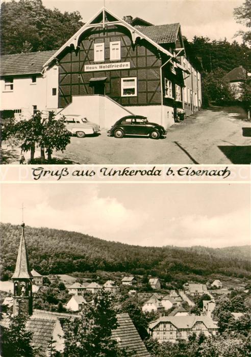 Unkeroda Eisenach Thueringen Gaststaette Haus Waldfrieden Ortsansicht mit Kirche
