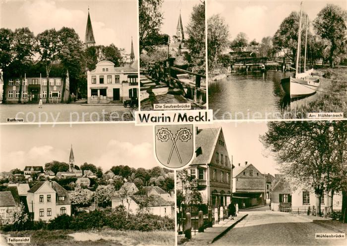 Warin Rathaus Seufzerbruecke Muehlenbach Motiv mit Kirche Muehlenbruecke