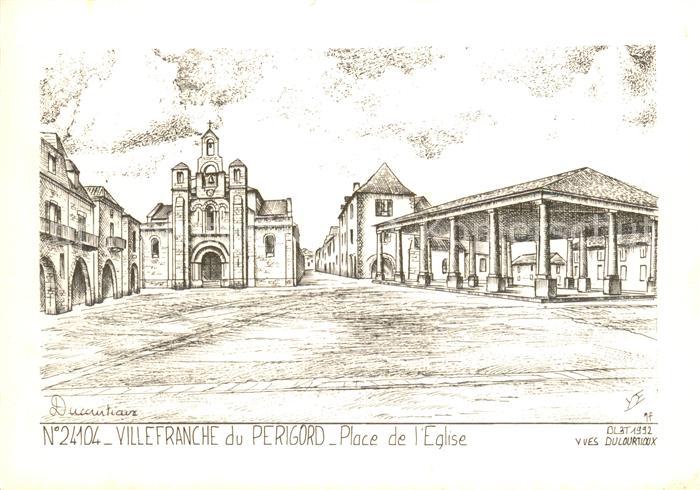 Villefranche-du-Perigord Place de l Eglise Dessin Kuenstlerkarte