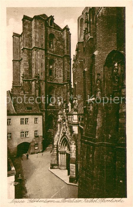 Neisse Oberschlesien Glockenturm und Portal der katholischen Pfarrkirche