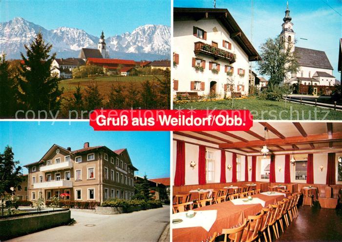 Weildorf Oberbayern Gasthof Stockklausner Ortsmotiv mit Kirche Alpenblick