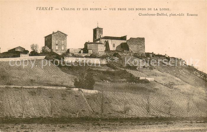 Vernay Eglise et les ruines Vue prise des Bords de La Loire