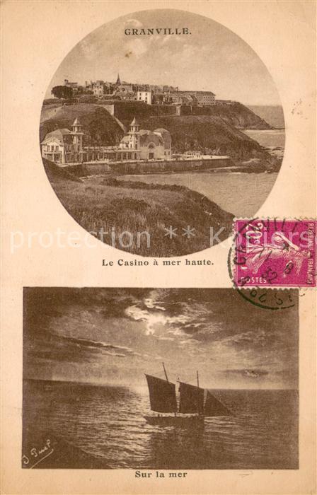 Granville Manche Le casino a mer haute Bateau sur la mer