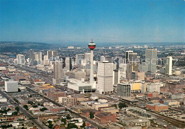 Calgary Aerial view of downtown Calgary depicting the Calgary Tower as a landmar