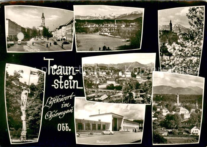 Traunstein Oberbayern Stadtplatz Baumbluete Lindlbrunnen Bahnhof Panorama Alpen