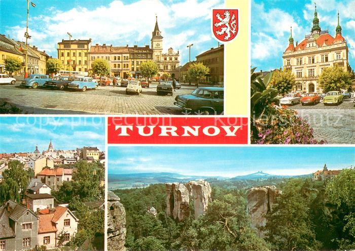 Turnov Stadtzentrum Marktplatz Rathaus Sparkasse Landschaftspanorama Felsen