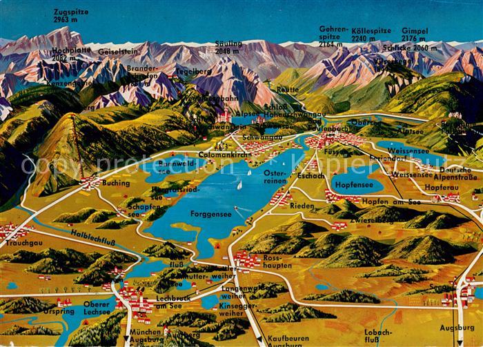 Schwangau Gebietskarte mit Forggensee Hopfensee Weissensee Bannwaldsee und Obere