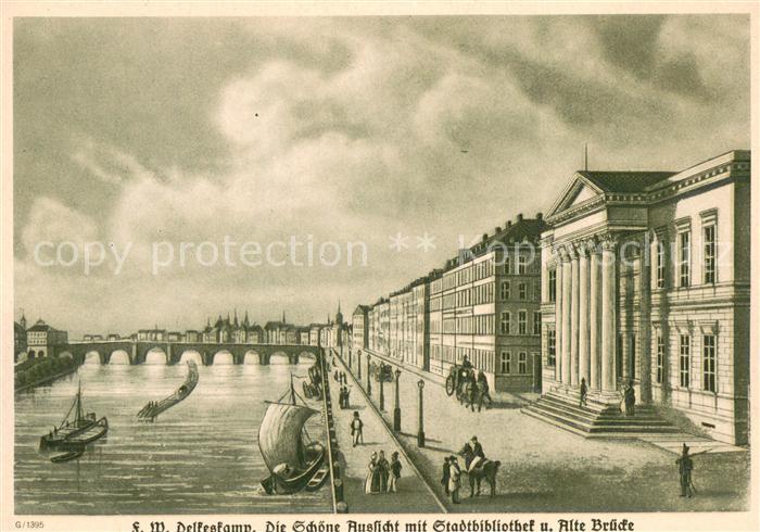 Frankfurt Main Schoene Aussicht mit Stadtbibliothek und Alte Bruecke Zeichnung