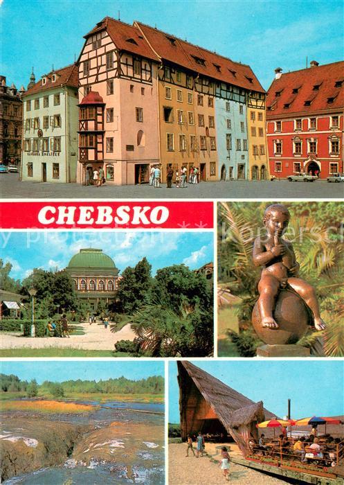 Chebsko Altstadt Parkanlagen Statue Partie am Wasser Gaststaette
