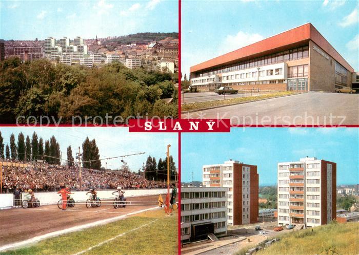 Slany Stadtpanorama Sporthalle Motorradrennbahn Wohnsiedlung Hochhaeuser