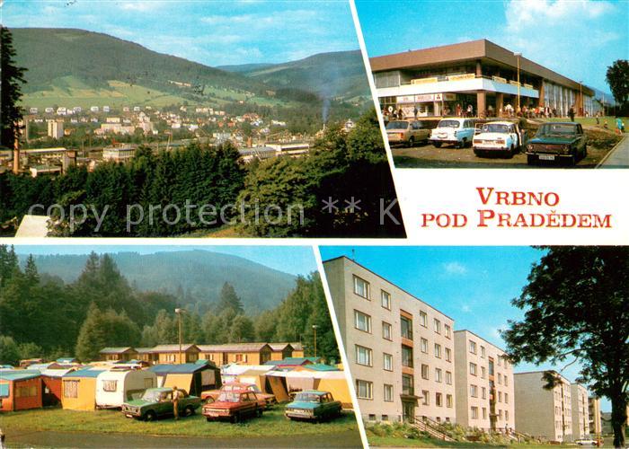 Vrbno pod Pradedem Stadtpanorama Kaufhaus Autocamping Wohnsiedlung Neubauten