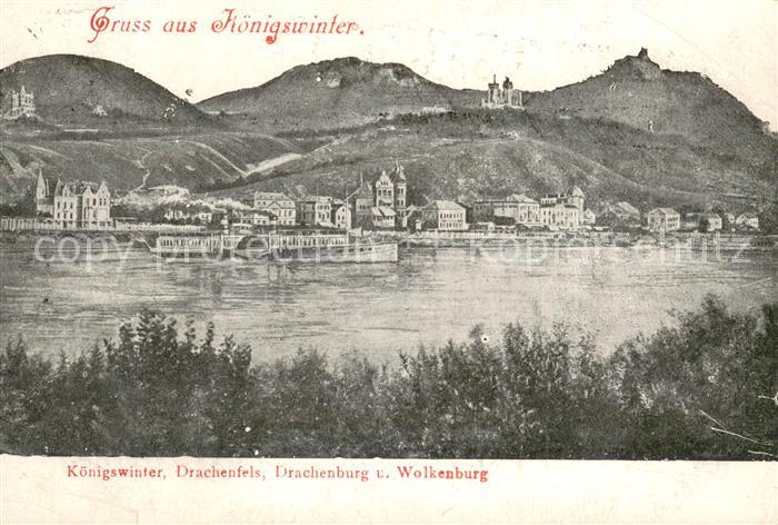 Koenigswinter Blick ueber den Rhein Drachenfels Drachenburg und Wolkenburg