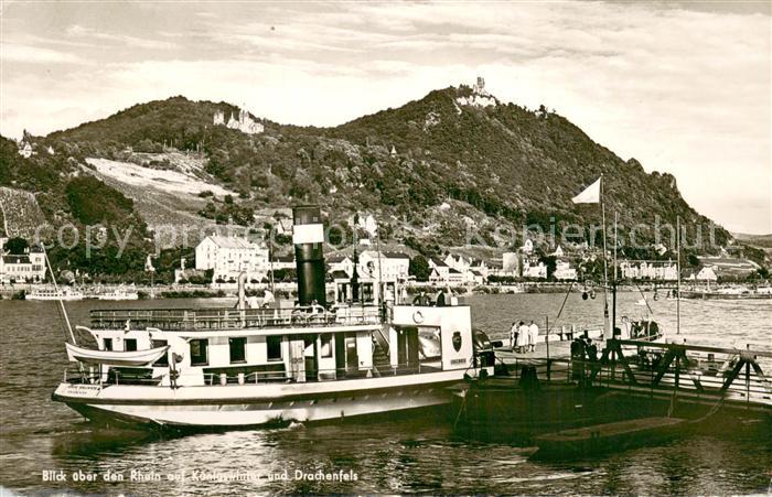 Koenigswinter Blick ueber den Rhein Drachenfels Bootsanleger Rheinfaehre