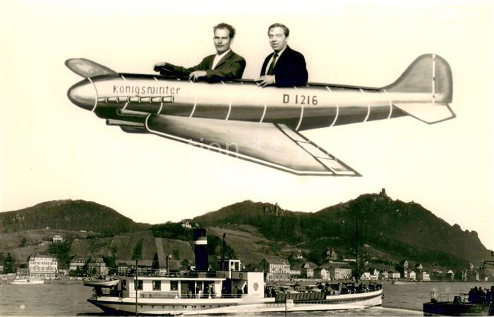 Bad Godesberg Bootsanleger Autofaehre Motorflugzeug Koenigswinter Blick zum Drac