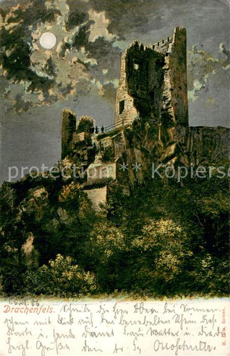 Koenigswinter Burgruine Drachenfels im Mondschein Kuenstlerkarte