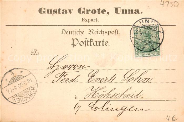Unna Korrespondenzkarte Gustav Grote Export Deutsche Reichspost