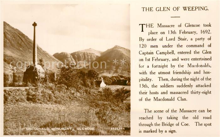 Glencoe Mac Donald Monument The Glen of Weeping Valentines Postcard