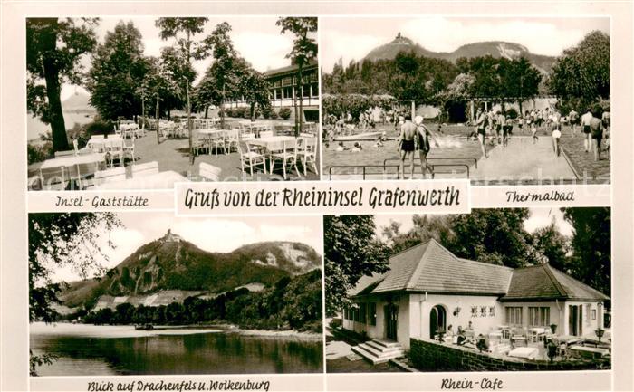 Grafenwerth Insel-Gaststaette Thermalbad Drachenfels und Wolkenburg Rhein-Cafe
