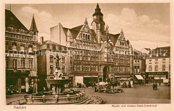 Aachen Aachener Markt mit Geschaeften Kaiser-Karl-Denkmal