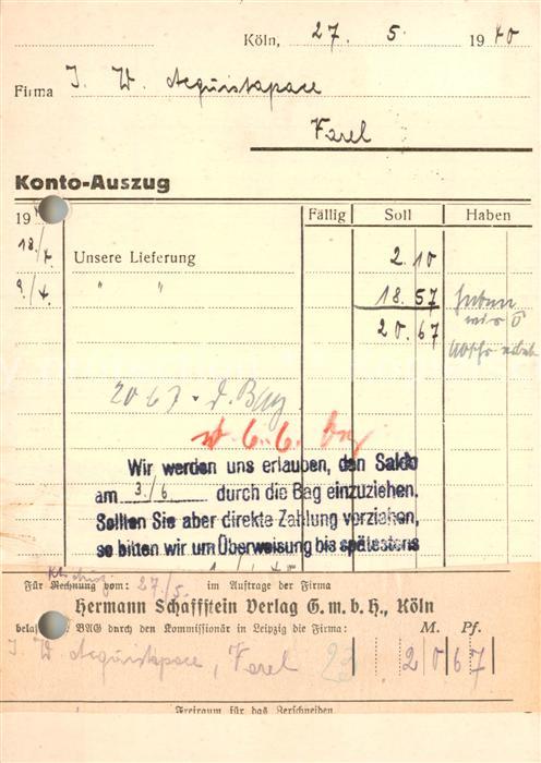 Koeln Rhein Hermann Schaffstein Verlag Konto Auszug