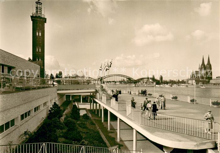 Koeln Rhein BUGA Koeln 1957 Neue Rheinterrassen mit Messeturm Rheinbruecke und D