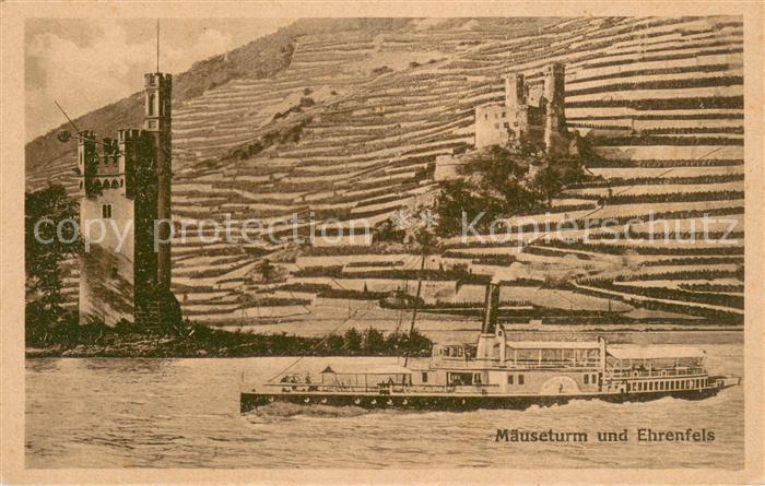 Bingerbrueck Rhein Maeuseturm und Burg Ehrenfels Rheindampfer