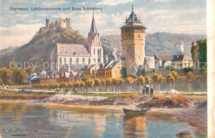 Oberwesel Rhein Liebfrauenkirche und Burg Schoenburg Kuenstlerkarte Rhein-Serie