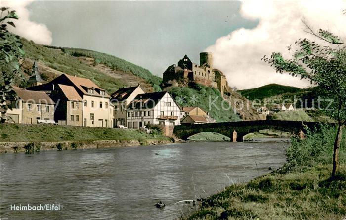 Heimbach Eifel Uferpartie an der Rur Bruecke Ruine Burg Hengebach
