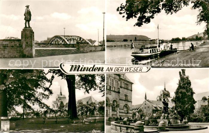 Minden Westfalen Partie am Wesertor Denkmal Statue Fahrgastschiff Dom Brunnen