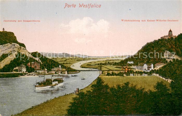 Porta Westfalica Panorama Blick ueber die Weser Jacobsberg Bismarckturm Dampfer
